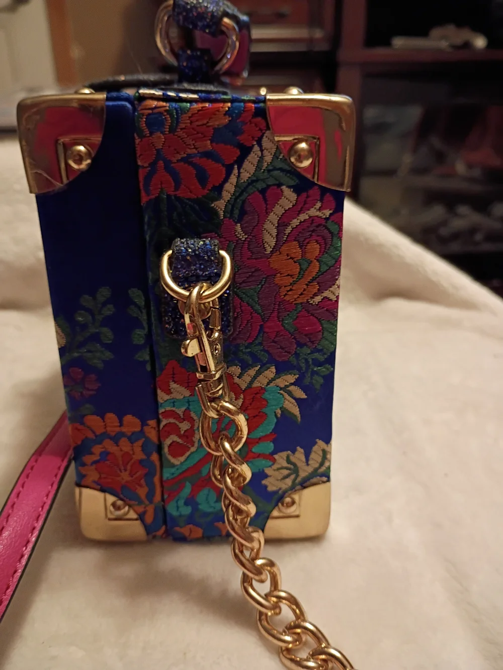 Aldo Asian Inspired BrocadeBlue Floral Box Crossbody with Gold Hardware